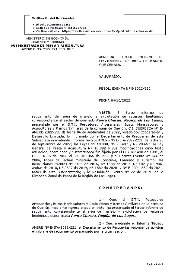 RESOL. EXENTA Nº E-2022-580 Aprueba 3° Seguimiento. (Publicado en Página Web 04-10-2022)