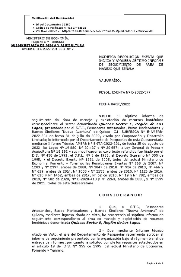 RESOL. EXENTA Nº E-2022-577 Modifica resolución que indica, Aprueba 7° Seguimiento. (Publicado en Página Web 04-10-2022)