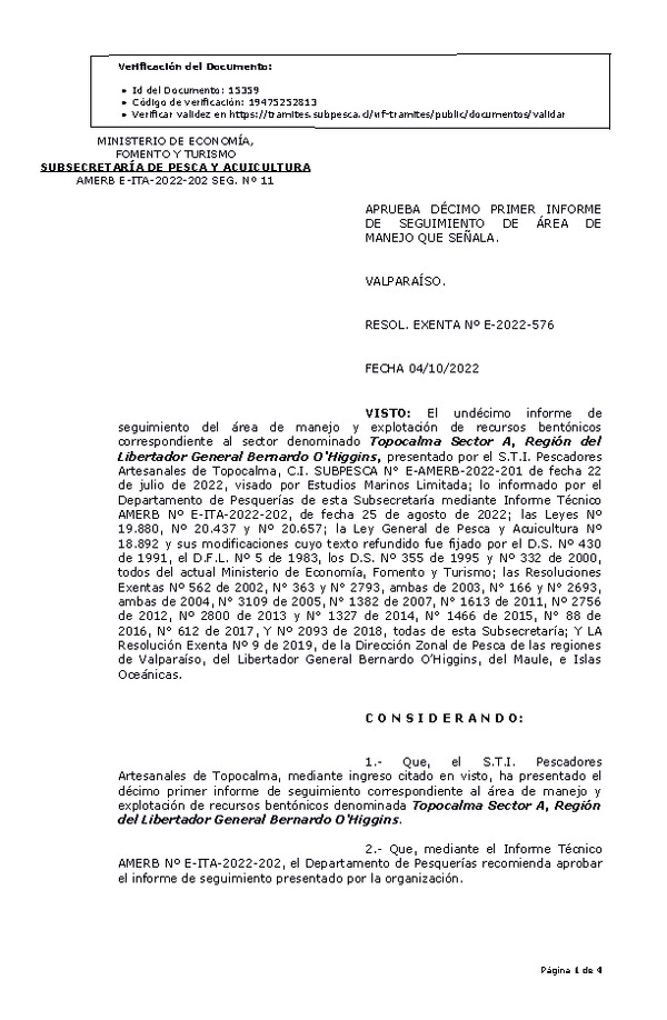 RESOL. EXENTA Nº E-2022-576  Aprueba 11° Seguimiento. (Publicado en Página Web 04-10-2022)