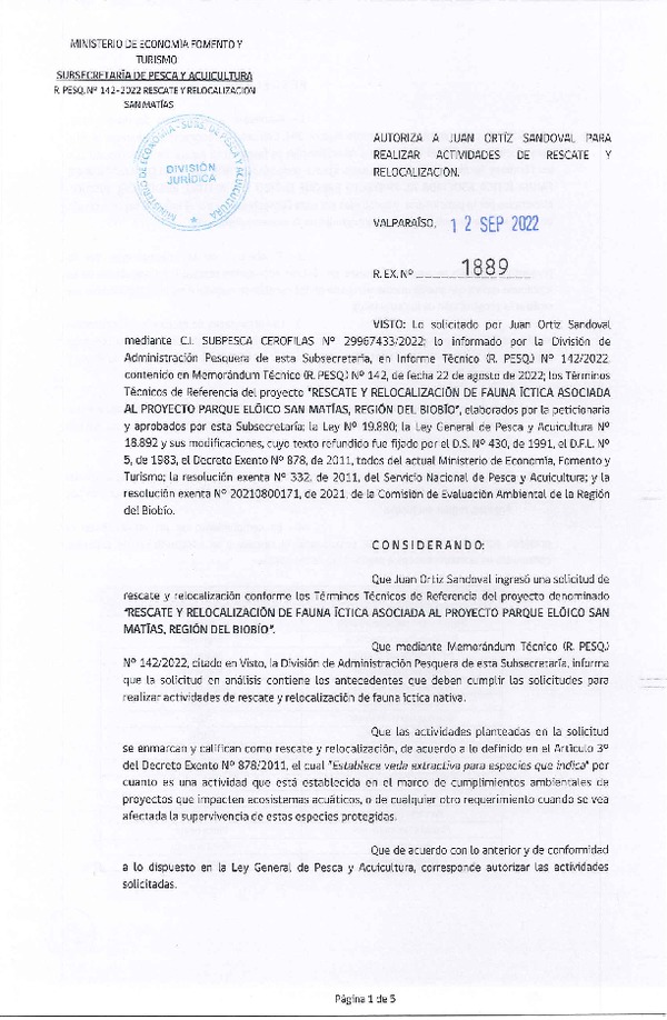 Res. Ex. N° 1889-2022 Rescate y Relocalización de Fauna íctica, Región del Biobío. (Publicado en Página Web 05-10-2022)