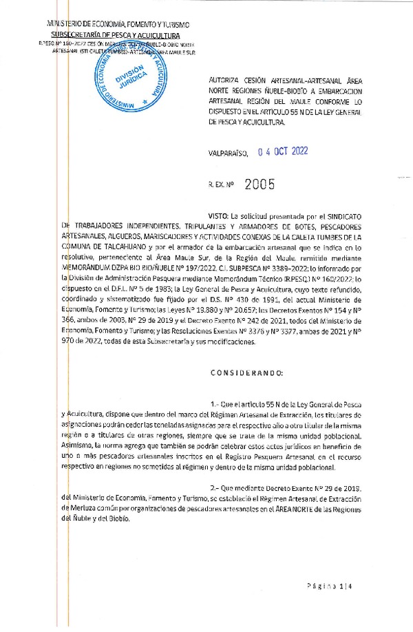 Res. Ex. N° 2005-2022 Autoriza Cesión de Merluza común, Región del Biobío a Región del Maule. (Publicado en Página Web 05-10-2022)