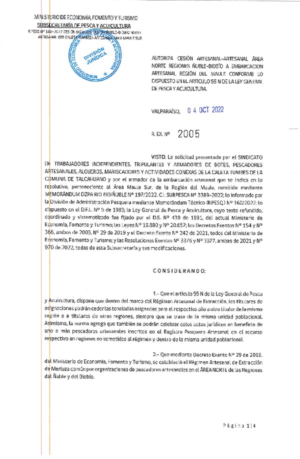 Res. Ex. N° 2005-2022 Autoriza Cesión de Merluza común, Región del Biobío a Región del Maule. (Publicado en Página Web 05-10-2022)