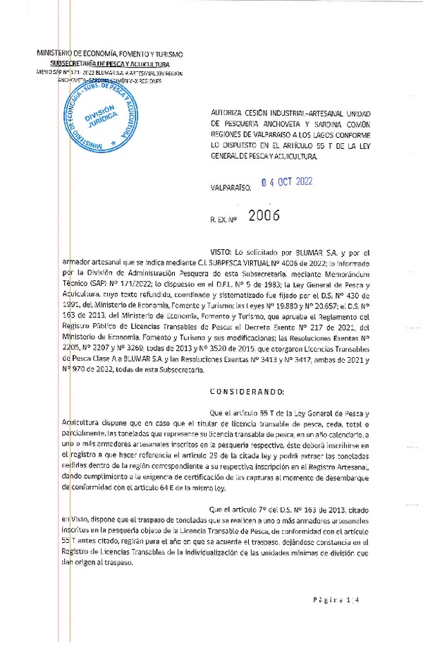 Res. Ex. N° 2006-2022, Autoriza Cesión unidad de pesquería Anchoveta y Sardina Común, Regiones Valparaíso a Los Lagos. (Publicado en Página Web 05-10-2022)