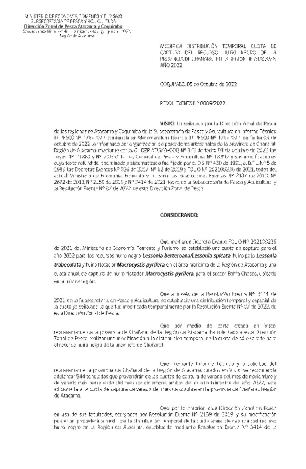 Res. Ex. N° 0009-2022 (DZP Atacama y Coquimbo) Modifica Res. Ex. N° 3414-2021 de esta Subsecretaría, que estableció distribución de la cuota de captura Algas Pardas en la Región de Atacama, año 2022. Publicado en Página Web 05-10-2022)