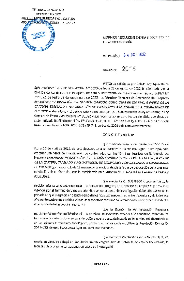 Res. Ex. N° 2016-2022 Modifica Res. Ex. N° E-2022-122. (Publicado en Página Web 05-10-2022)