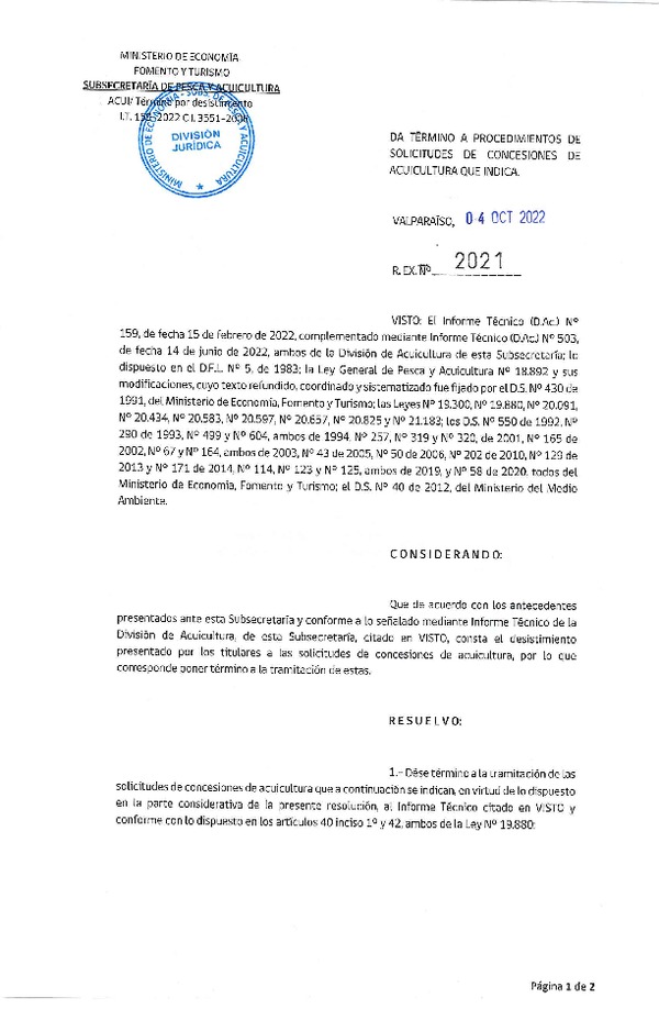 Res. Ex. N° 2021-2022 Da término a procedimientos de solicitudes de concesión de acuicultura que indica.