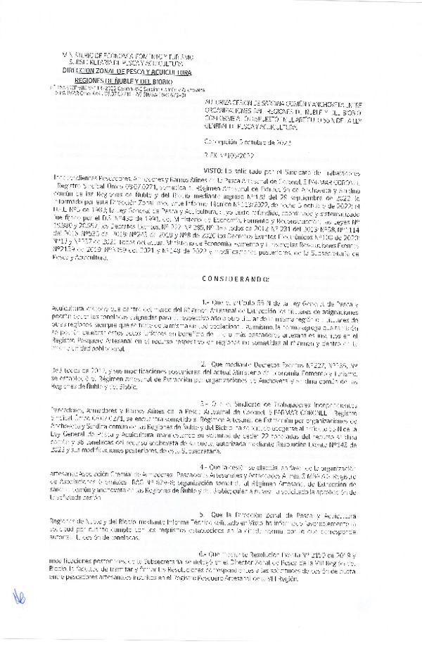 Res. Ex. N° 106-2022 (DZP Ñuble y del Biobío) Autoriza cesión Sardina común y Anchoveta. (Publicado en Página Web 06-10-2022)