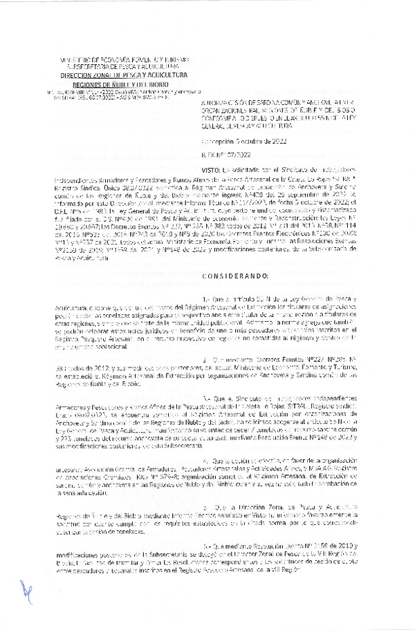 Res. Ex. N° 107-2022 (DZP Ñuble y del Biobío) Autoriza cesión Sardina común y Anchoveta. (Publicado en Página Web 06-10-2022)