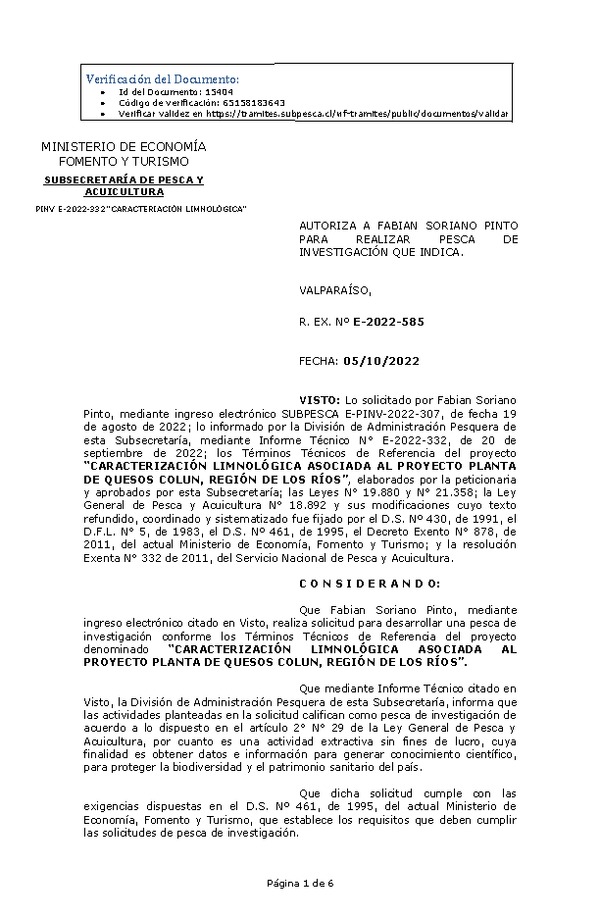 R. EX. Nº E-2022-585 FABIAN SORIANO PINTO (Publicado en Página Web 06-10-2022)