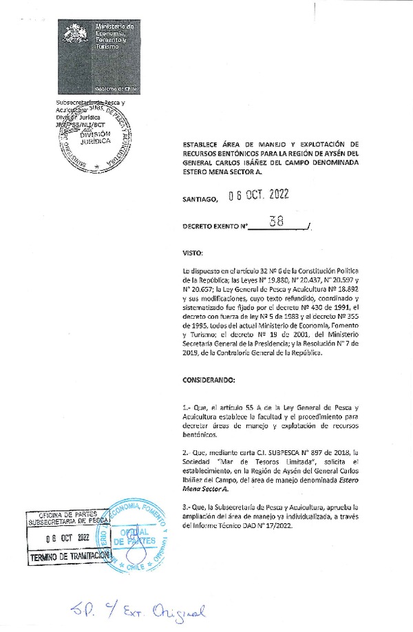 Dec. Ex. N° 38-2022 Establece Área de Manejo Estero Mena Sector A, Región de Aysén del General Carlos Ibañez del Campo. (Publicado en Página Web 06-10-2022)