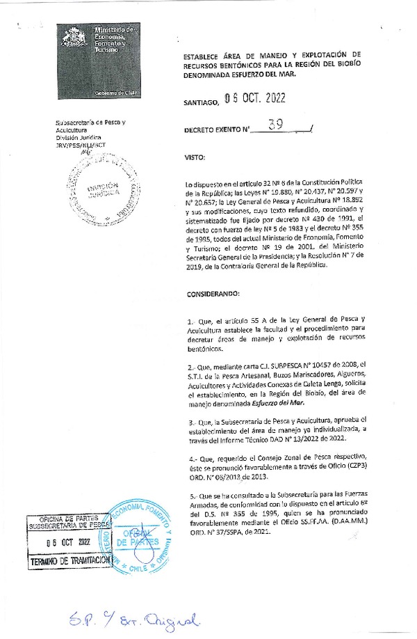 Dec. Ex. N° 39-2022 Establece Área de Manejo Esfuerzo del Mar, Región del Biobío. (Publicado en Página Web 06-10-2022)