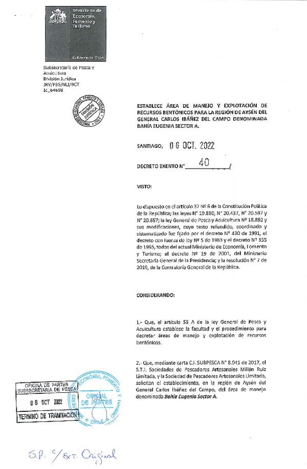 Dec. Ex. N° 40-2022 Establece Área de Manejo Bahía Eugenia Sector A, Región de Aysén del General Carlos Ibañez del Campo. (Publicado en Página Web 06-10-2022)