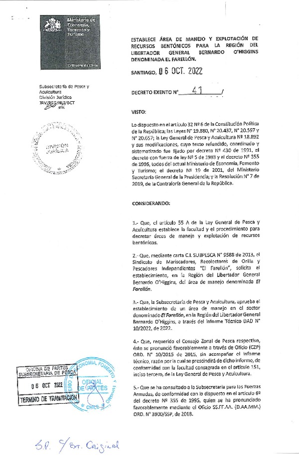 Dec. Ex. N° 41-2022 Establece Área de Manejo El Farellón, Región del Libertador General Bernardo O´Higgins. (Publicado en Página Web 06-10-2022)