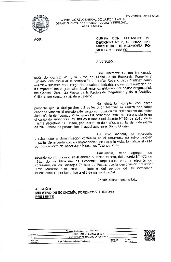 D.S. 07-2022 Oficializa Nominación de Miembro Suplente del Consejo Zonal de Pesca de la Región de Magallanes y La Antártica Chilena. (F.D.O. 07-10-2022)