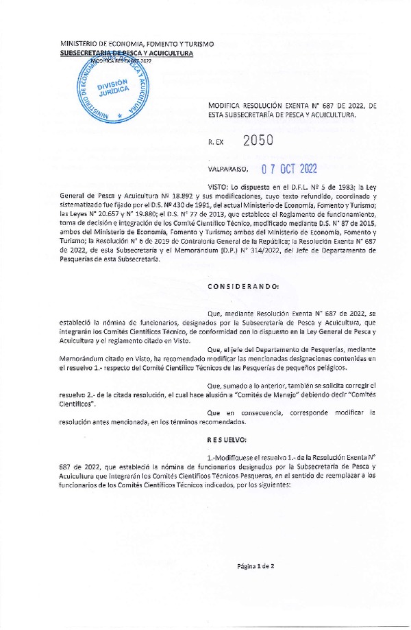 Res. Ex. N° 2050-2022 Modifica Res. Ex. N° 0687-2022 Designa Funcionarios de la subsecretaría de Pesca y Acuicultura en Comités Científicos Técnicos que Indica. (Publicado en Página Web 11-10-2022)