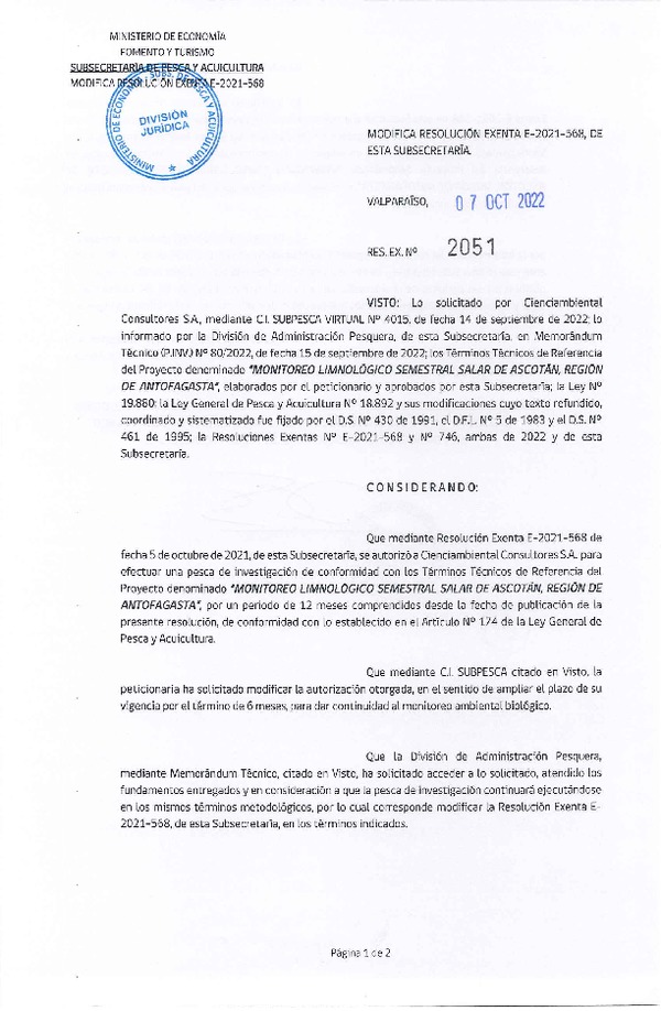 Res. Ex. N° 2051-2022 Modifica R. EX. Nº E-2021-568 MONITOREO LIMNOLÓGICO SEMESTRAL SALAR DE ASCOTÁN, REGIÓN DE ANTOFAGASTA. (Publicado en Página Web 11-10-2022)