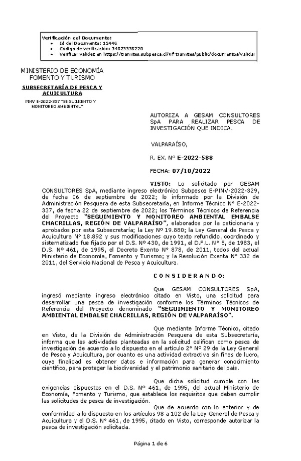 R. EX. Nº E-2022-588 AUTORIZA A GESAM CONSULTORES SpA PARA REALIZAR PESCA DE INVESTIGACIÓN QUE INDICA. (Publicado en Página Web 11-10-2022)