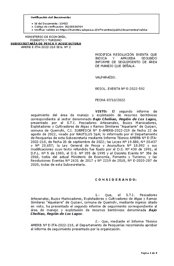 RESOL. EXENTA Nº E-2022-592 Modifica resolución que indica, Aprueba 2° Seguimiento. (Publicado en Página Web 11-10-2022)