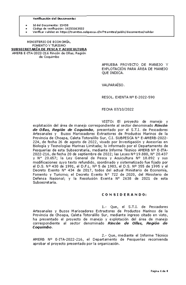 RESOL. EXENTA Nº E-2022-590 Aprueba Plan de manejo. (Publicado en Página Web 11-10-2022)