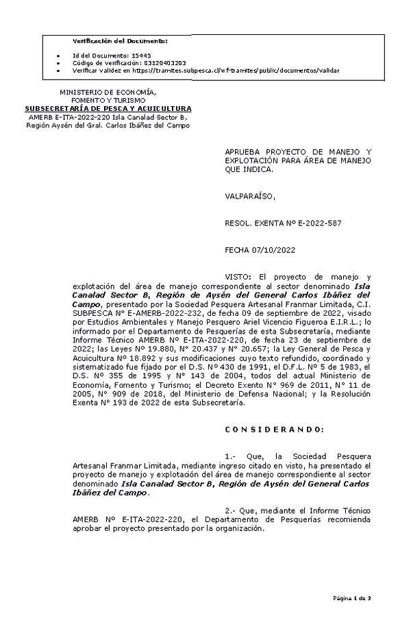 RESOL. EXENTA Nº E-2022-587 Aprueba Plan de manejo. (Publicado en Página Web 11-10-2022)