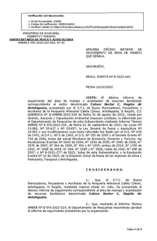 RESOL. EXENTA Nº E-2022-601 Aprueba 10° Seguimiento. (Publicado en Página Web 12-10-2022)