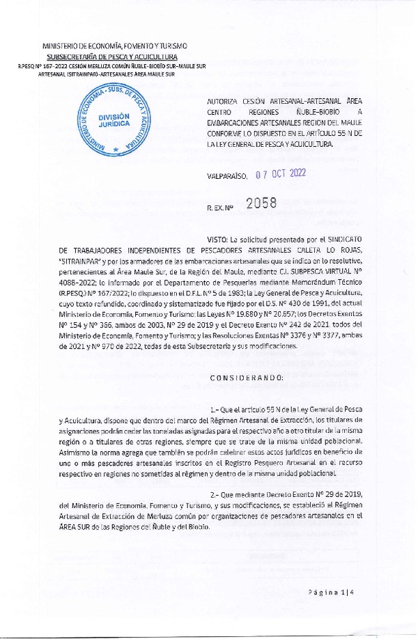 Res. Ex. N° 2058-2022 Autoriza Cesión de Merluza común, Región del Ñuble-Biobío a Región del Maule. (Publicado en Página Web 12-10-2022)