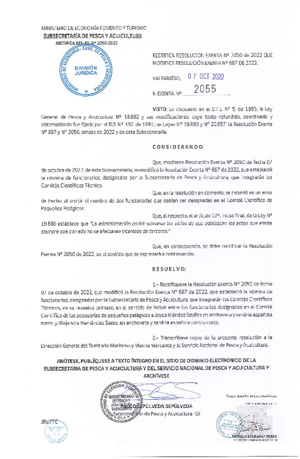 Res. Ex. N° 2055-2022 Rectifica Res. Ex. N° 2050-2022 Modifica Res. Ex. N° 0687-2022 Designa Funcionarios de la subsecretaría de Pesca y Acuicultura en Comités Científicos Técnicos que Indica. (Publicado en Página Web 12-10-2022)