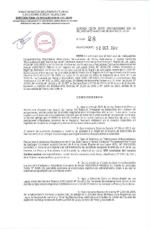 Res. Ex. N° 28-2022 (DZP Los Lagos) Autoriza cesión sardina austral Región de Los Lagos. (Publicado en Página Web 12-10-2022)