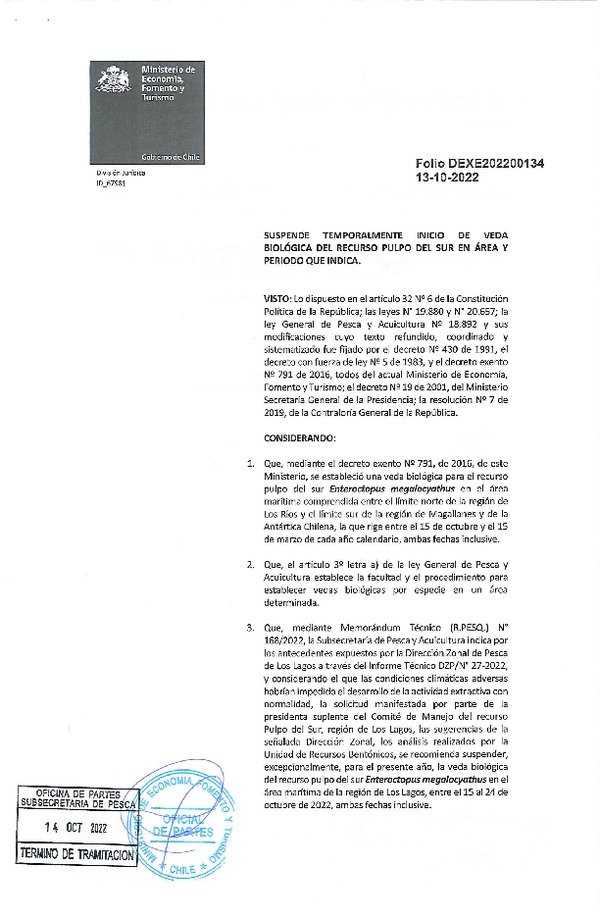 Dec. Ex. Folio 202200134 Suspende Temporalmente Inicio de Veda Biológica Para el Recurso Pulpo del Sur, Región de Los Lagos. (Publicado en Página Web 14-10-2022)