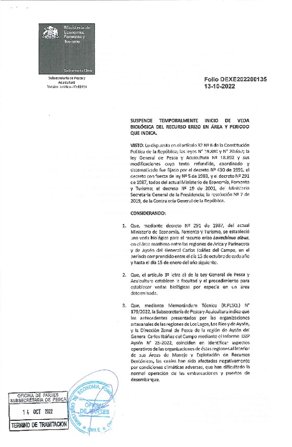 Dec. Ex. Folio 202200135 Suspende Temporalmente Inicio de Veda Biológica Para el Recurso Erizo, Regiones de Los Ríos, Los Lagos y Aysén del General Carlos Ibáñez del Campo. (Publicado en Página Web 14-10-2022)