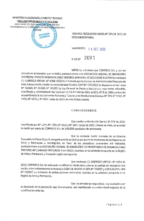 Res. Ex. N° 2091-2022 Modifica Res. Ex. N° 576-2022 Autoriza Cesión Anchoveta, Regiones de Arica y Parinacota a Región de Antofagasta. (Publicado en Página Web 14-10-2022)