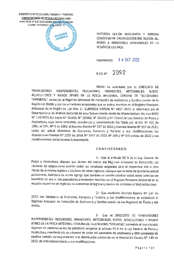 Res. Ex. N° 2092-2022 Autoriza Cesión de Anchoveta y Sardina común, Regiones del Biobío a Los Ríos. (Publicado en Página Web 14-10-2022)