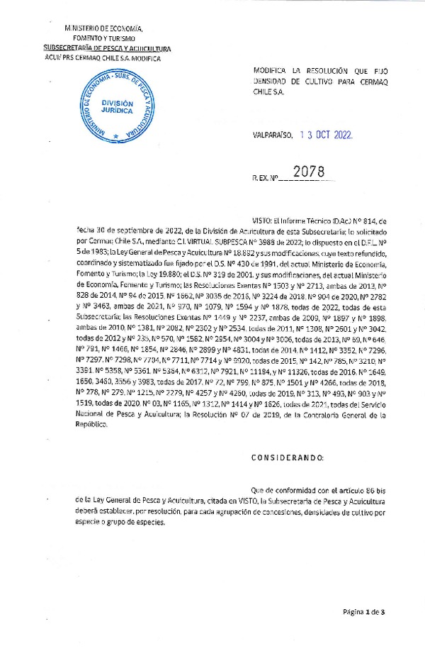 Res. Ex. N° 2078-2022 Modifica Res. Ex. N° 3463-2021 Fija densidad de cultivo para Cermaq Chile S.A. (Publicado en Página Web 14-10-2022)