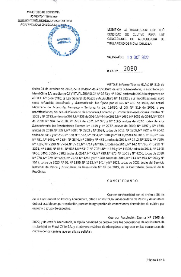 Res. Ex. N° 2080-2022 Modifica Res. Ex. N° 1365-2022 Fija densidad de cultivo para las concesiones de titularidad de Mowi Chile S.A. (Publicado en Página Web 14-10-2022)