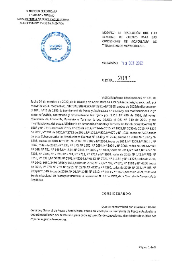 Res. Ex. N° 2081-2022 Modifica Res. Ex. N° 101-2022 Fija densidad de cultivo para las concesiones de titularidad de Mowi Chile S.A. (Publicado en Página Web 14-10-2022)