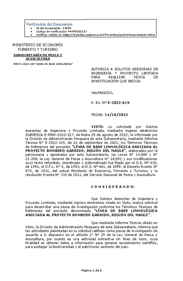 R. EX. Nº E-2022-619 LÍNEA DE BASE LIMNOLÓGICA ASOCIADA AL PROYECTO BOMBERO GARRIDO, REGIÓN DEL MAULE. (Publicado en Página Web 17-10-2022)