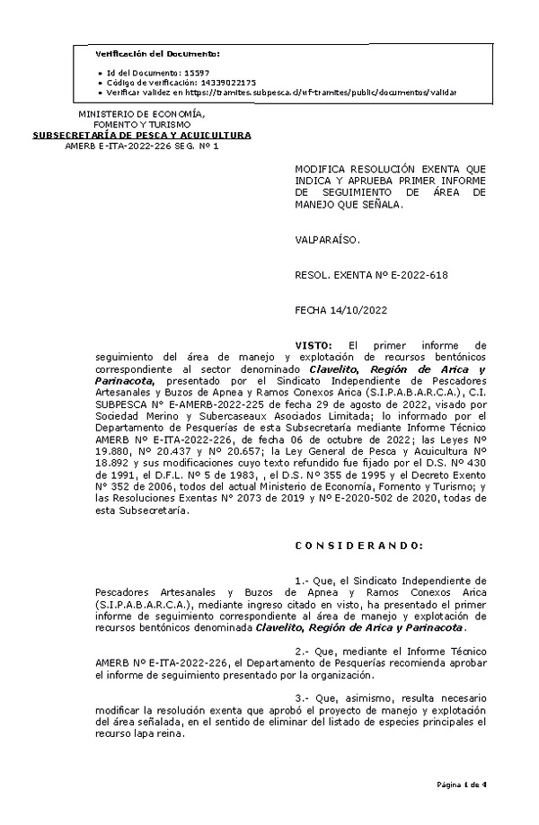 RESOL. EXENTA Nº E-2022-618 Modifica resolución que indica, Aprueba 1° seguimiento. (Publicado en Página Web 17-10-2022