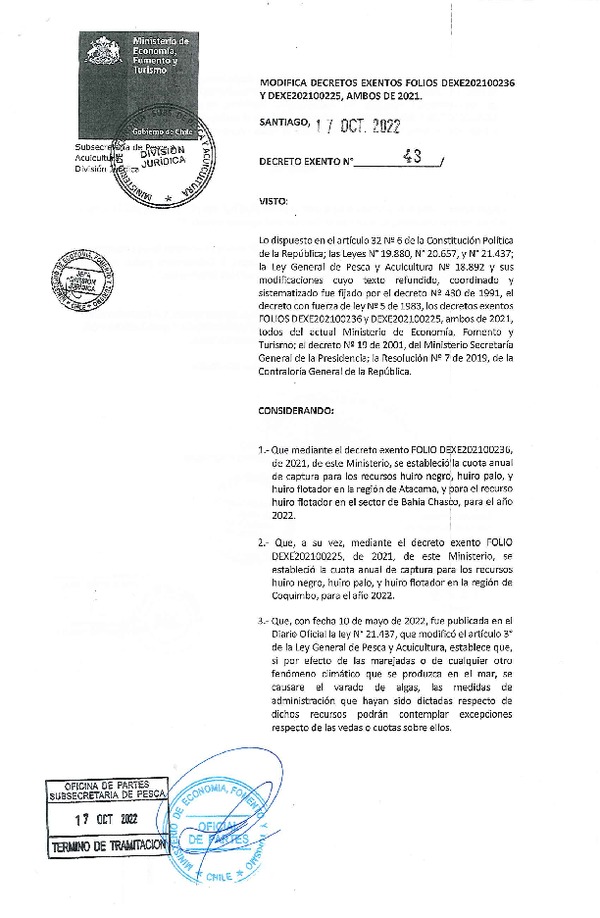 Dec. Ex. N° 43-2022 Modifica Decretos Folios 202100236 y 202100225, ambos de 20221. (Publicado en Página Web 17-10-2022)