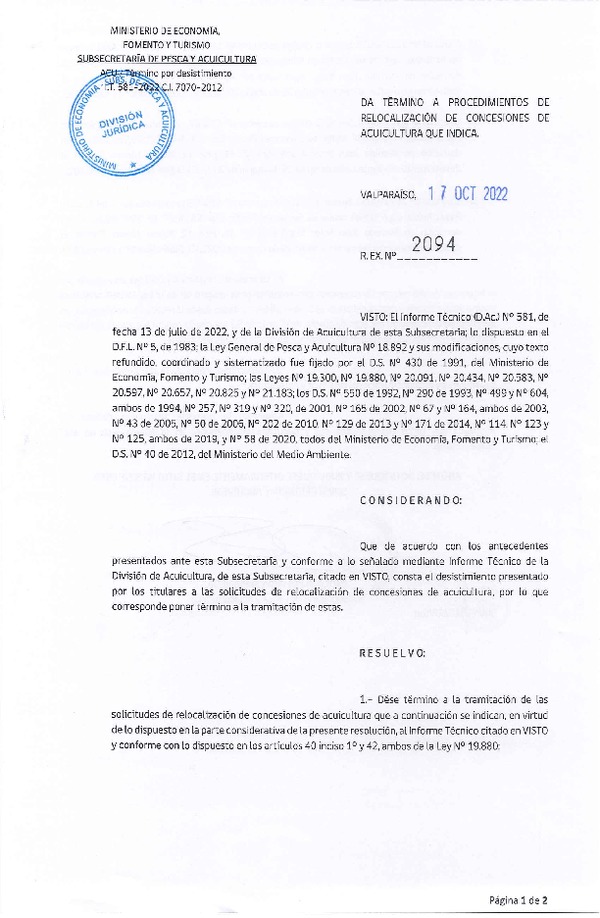 Res. Ex. N° 2094-2022 Da término a procedimientos de relocalización de concesiones de acuicultura que indica.