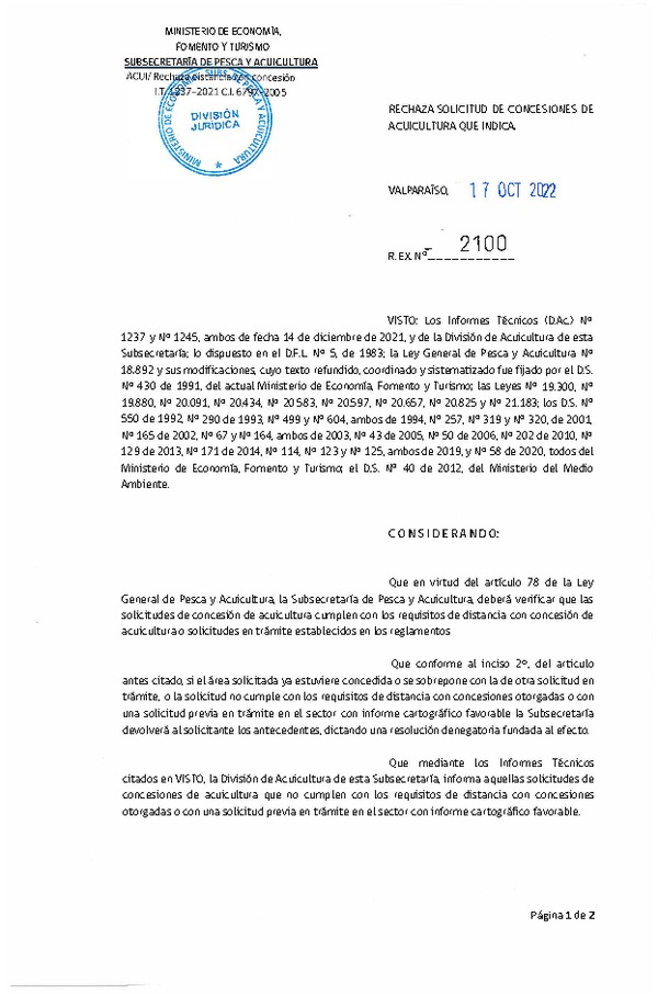 Res. Ex. N° 2100-2022 Rechaza solicitud de concesiones de acuicultura que indica.