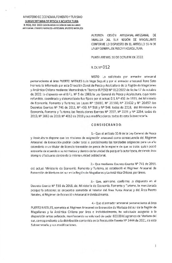 Res Ex. N° 012-2022 (DZP de Magallanes y La Antártica Chilena) Autoriza Cesión Merluza del sur. (Publicado en Página Web 18-10-2022)