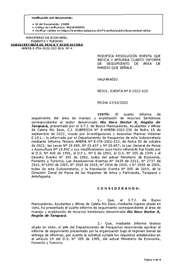 RESOL. EXENTA Nº E-2022-620 Modifica resolución que indica, Aprueba 4° seguimiento. (Publicado en Página Web 19-10-2022)