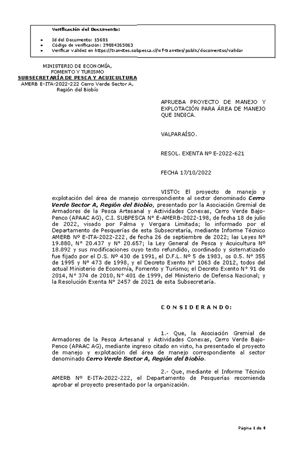 RESOL. EXENTA Nº E-2022-621 Aprueba Plan de manejo. (Publicado en Página Web 19-10-2022)