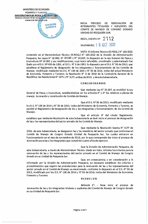 Res. Ex. N° 2112-2022 Inicia Proceso de Renovación de Integrantes Titulares y Suplentes del Comité de Manejo de Congrio Dorado, Unidad de Pesquería Sur. (Publicado en Página Web 19-10-2022)