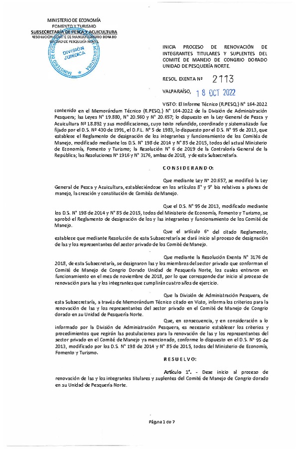 Res. Ex. N° 2113-2022 Inicia Proceso de Renovación de Integrantes Titulares y Suplentes del Comité de Manejo de Congrio Dorado Unidad Pesquería Norte (Con Informe Técnico) (Publicado en Página Web 19-10-2022)