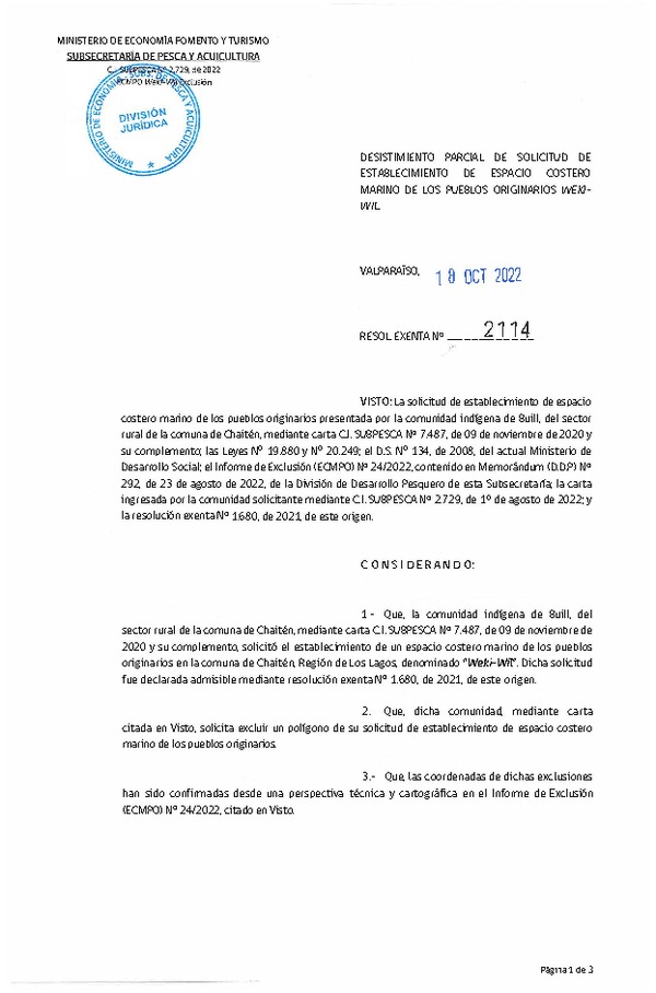 Res. Ex. N° 2114-2022 Desistimiento parcial de solicitud de establecimiento de ECMPO que indica. (Publicado en Página Web 19-10-2022)