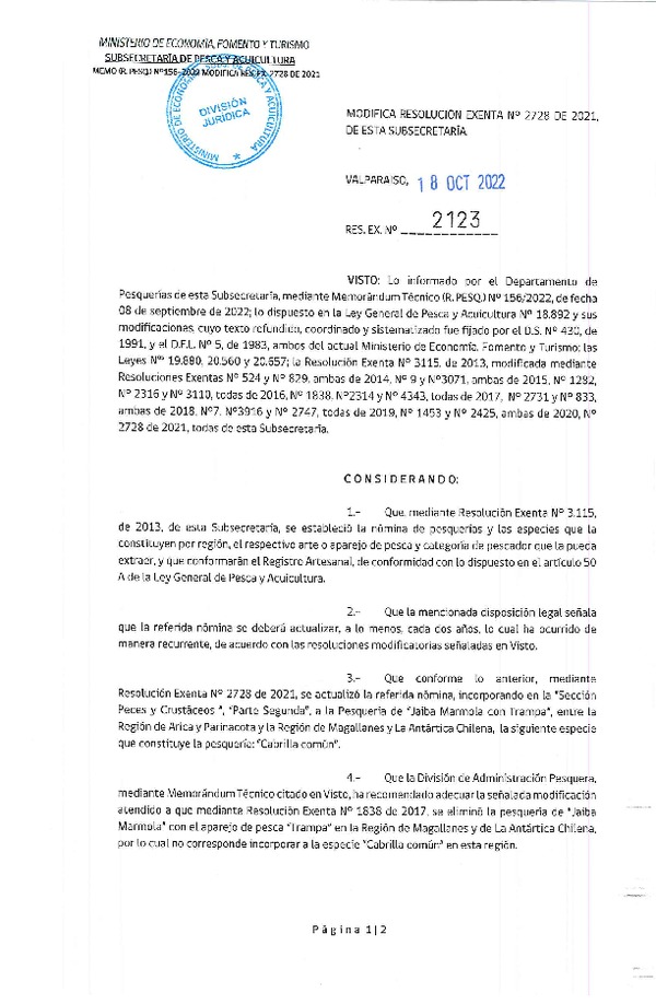 Res. Ex. N° 2123-2022 Modifica Res. Ex. N° 2728-2021 que Modificó Res. Ex. N° 3115-2013 Nómina Nacional de Pesquerías Artesanales. (Publicado en Página Web 19-10-2022)