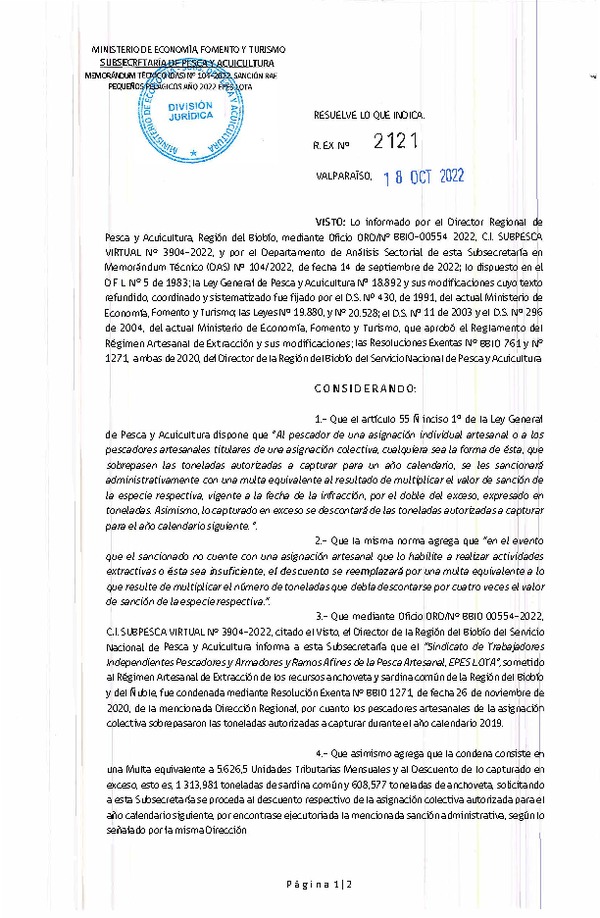 Res.Ex. N° 2121-2022 Resuelve lo que indica. (Publicado en Página Web 19-10-2022)