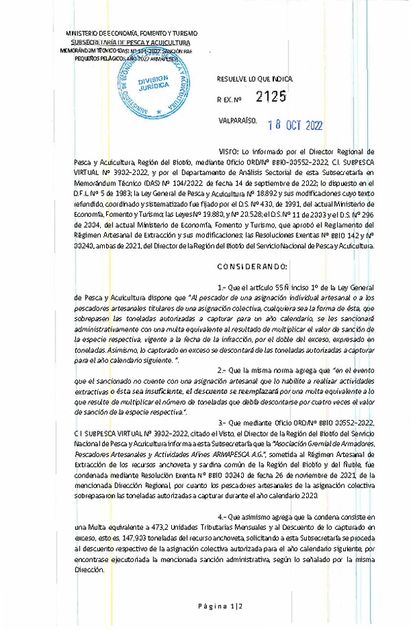 Res.Ex. N° 2125-2022 Resuelve lo que indica. (Publicado en Página Web 19-10-2022)