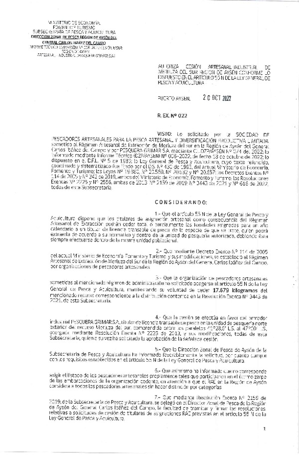 Res. Ex. N° 022-2022 (DZP Aysén) Autoriza Cesión Merluza del Sur. (Publicado en Página Web 20-10-2022)